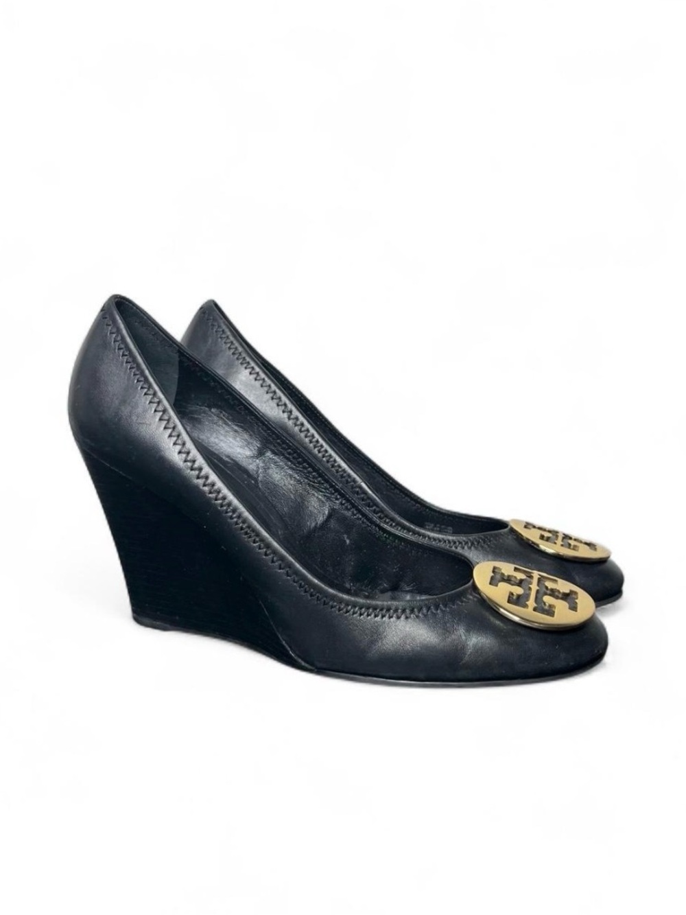 Tory Burch Black Leather Sophie Logo Wedge Pumps Size 11
